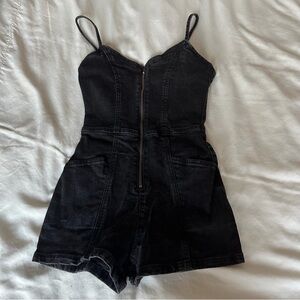 Bershka Black Denim Romper with Front Zipper
